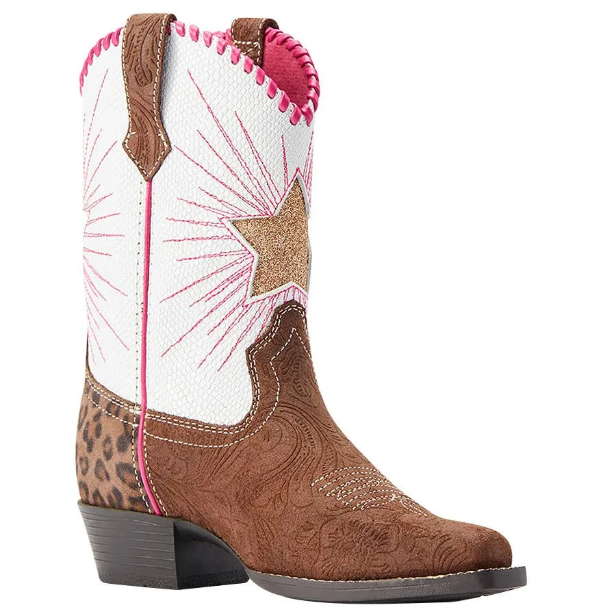 Ariat Girl's Heritage Star Snip Toe 8" Western Boots - Brown Floral Emboss/Pearl Snake