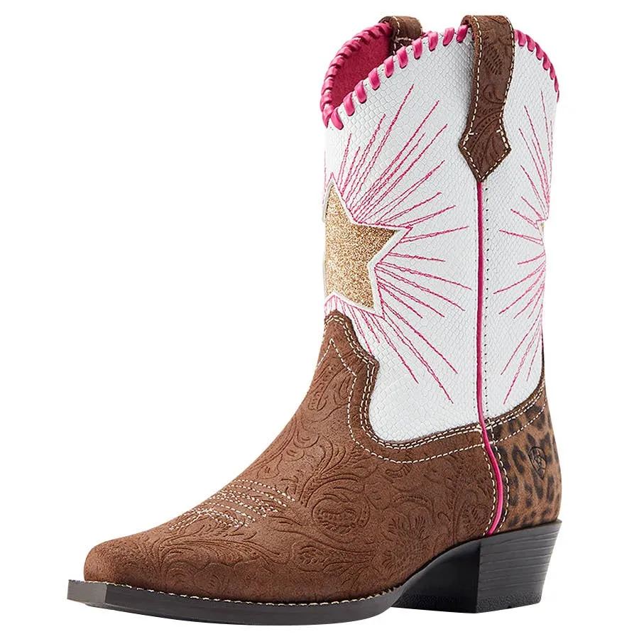 Ariat Girl's Heritage Star Snip Toe 8" Western Boots - Brown Floral Emboss/Pearl Snake