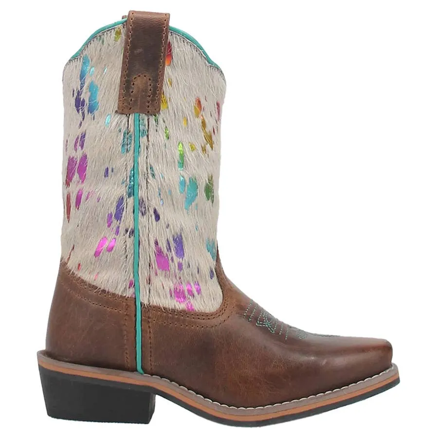 Dan Post Girl's 9" Rumi Hair On Hide Rainbow Cowboy Square Toe Leather Boots - White