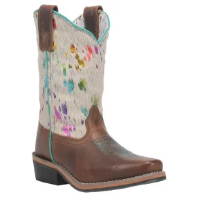 Dan Post Girl's 9" Rumi Hair On Hide Rainbow Cowboy Square Toe Leather Boots - White