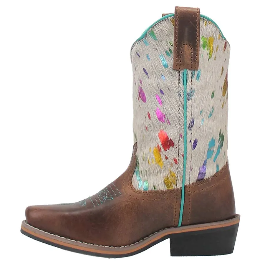 Dan Post Girl's 9" Rumi Hair On Hide Rainbow Cowboy Square Toe Leather Boots - White