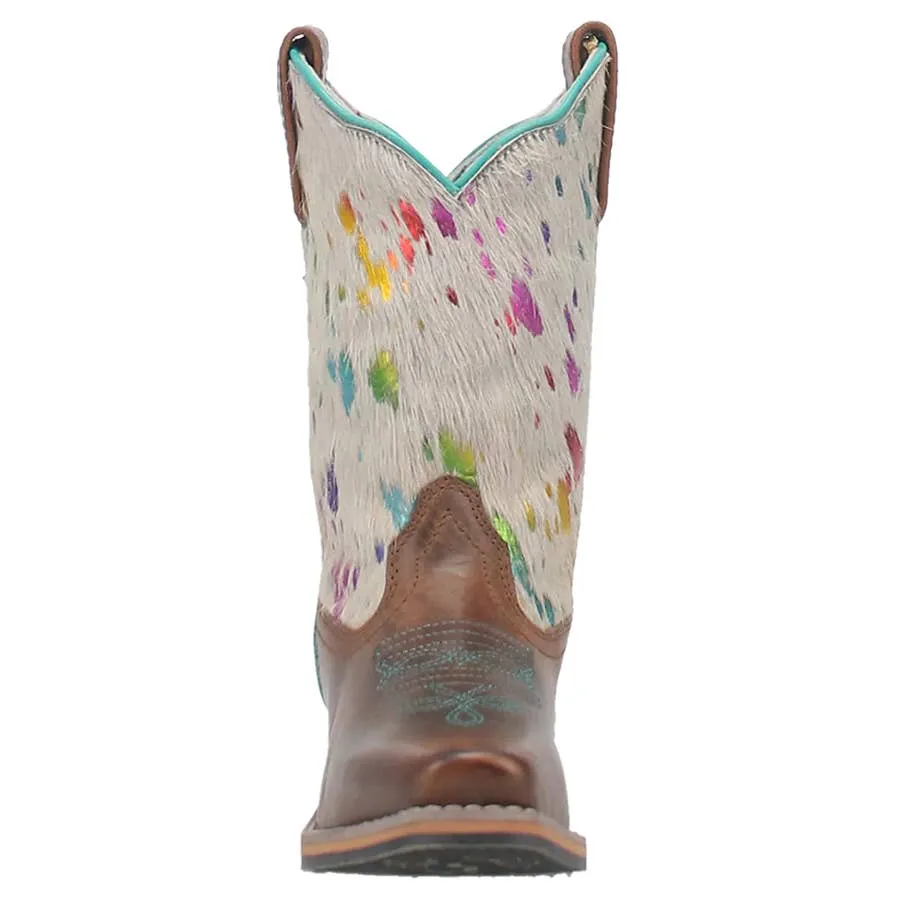 Dan Post Girl's 9" Rumi Hair On Hide Rainbow Cowboy Square Toe Leather Boots - White