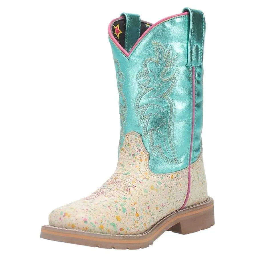 Dan Post Girl's Splatt Metallic Aqua Shaft Broad Square Toe Leather Boots - Bone