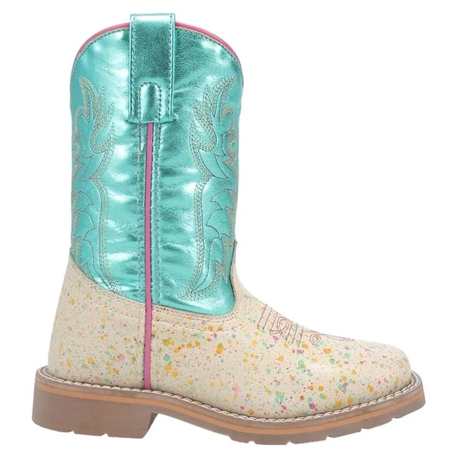 Dan Post Girl's Splatt Metallic Aqua Shaft Broad Square Toe Leather Boots - Bone