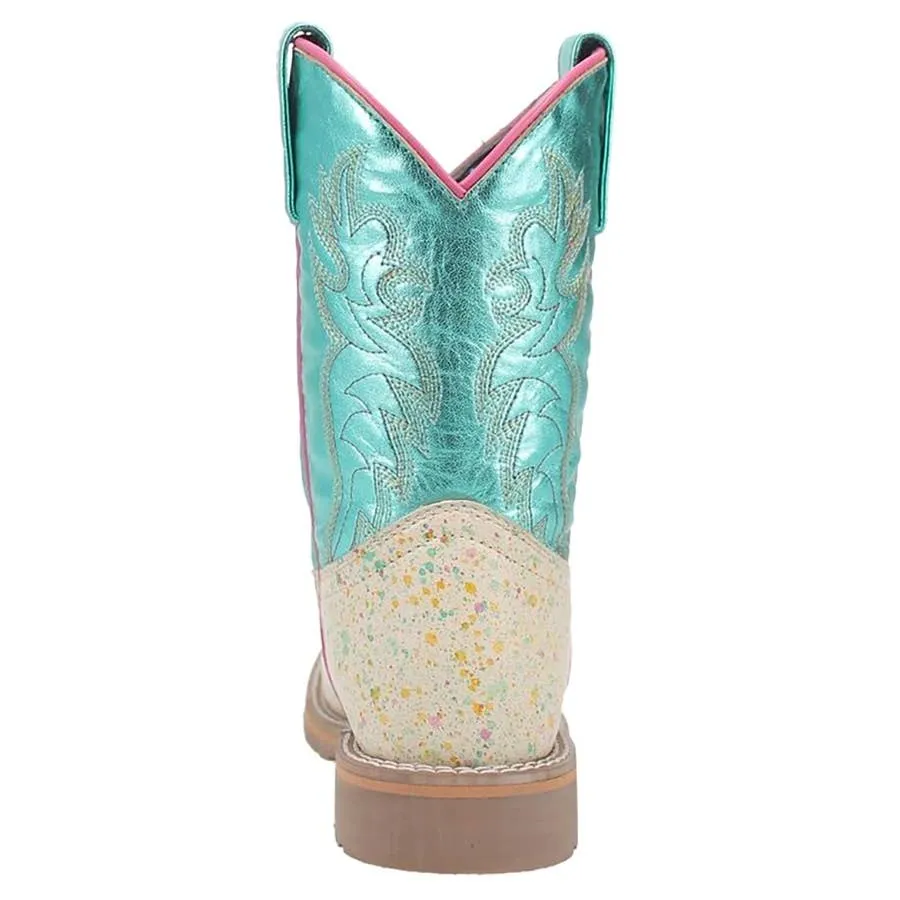 Dan Post Girl's Splatt Metallic Aqua Shaft Broad Square Toe Leather Boots - Bone