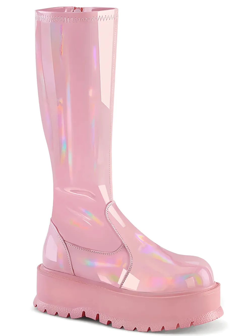 DEMONIA Baby Pink Holo Stretch Knee-High Platform Boots