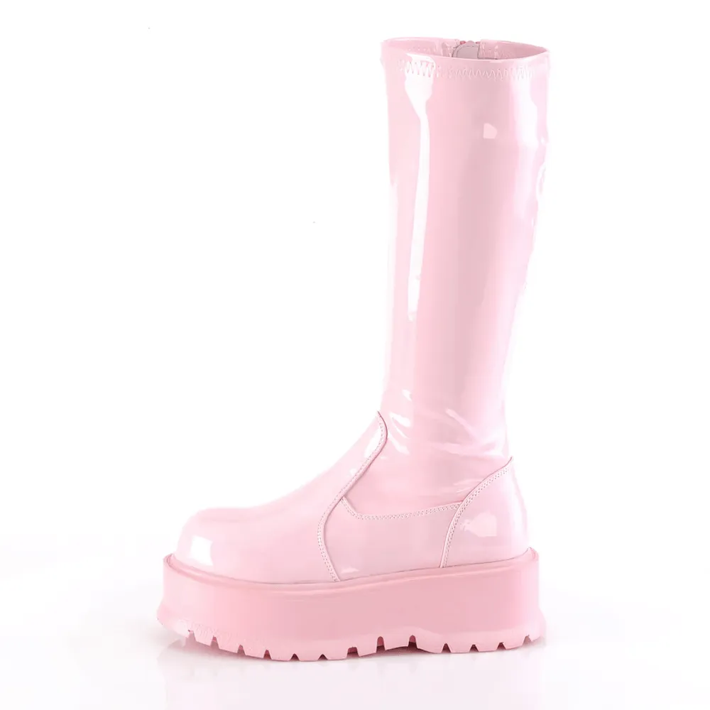 DEMONIA Baby Pink Holo Stretch Knee-High Platform Boots