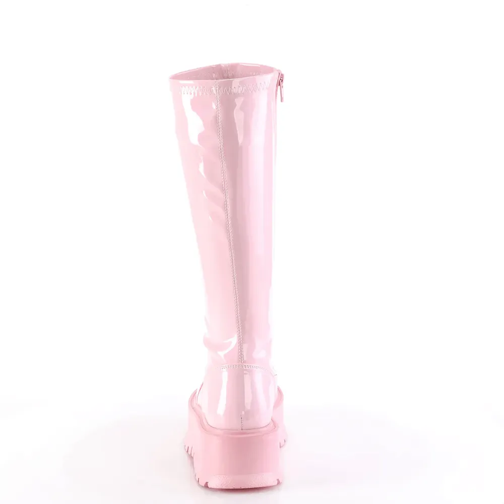 DEMONIA Baby Pink Holo Stretch Knee-High Platform Boots