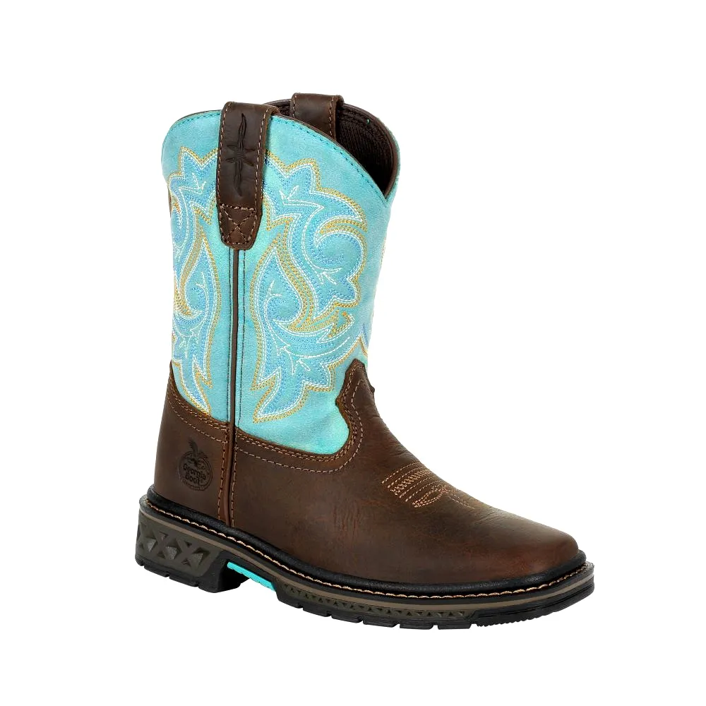 'Georgia Boot' Children's 8 Carbo-Tec Western Square Toe - Brown / Turquoise (Sizes 8.5C-3Y)