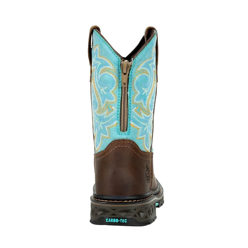 'Georgia Boot' Youth 8 Carbo-Tec Western Square Toe - Brown / Turquoise (Sizes 3.5Y-6Y)