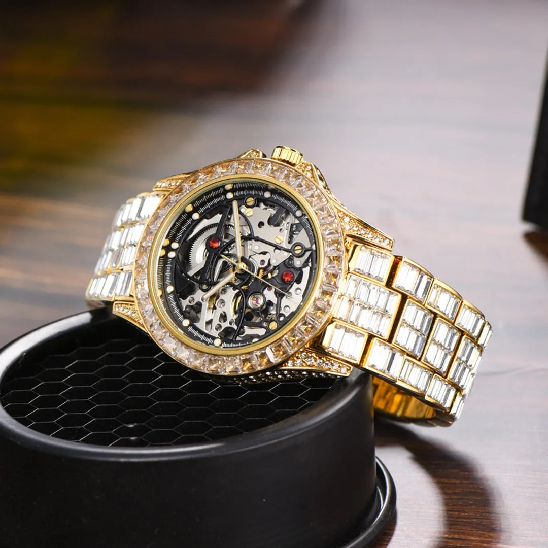 Hip Hop Men's Hollow Shiny Diamond Iced Out Waterproof Mechanical Watch