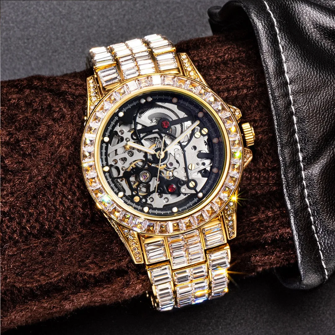 Hip Hop Men's Hollow Shiny Diamond Iced Out Waterproof Mechanical Watch