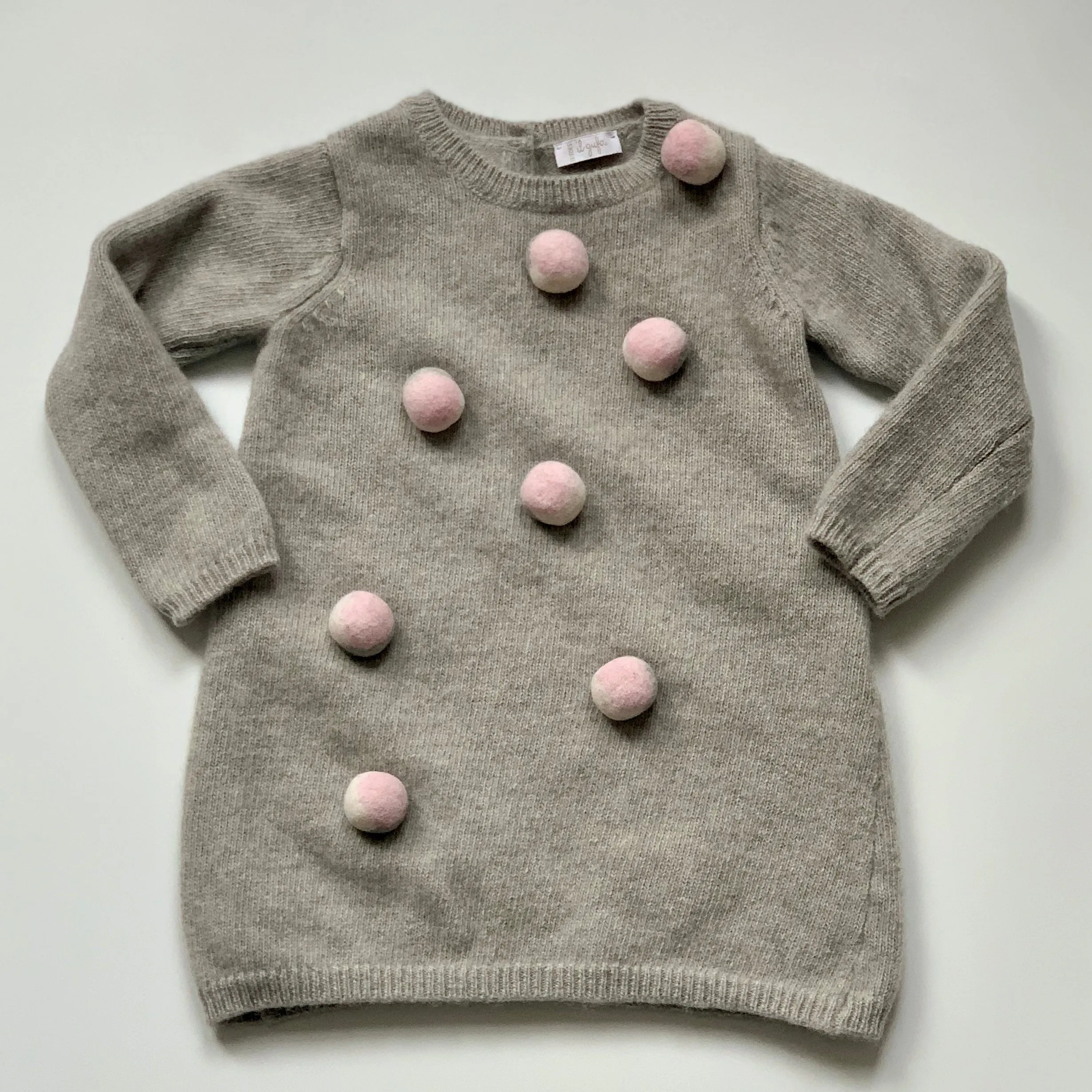 Il Gufo Grey Wool Dress With Pom Poms: 18 Months