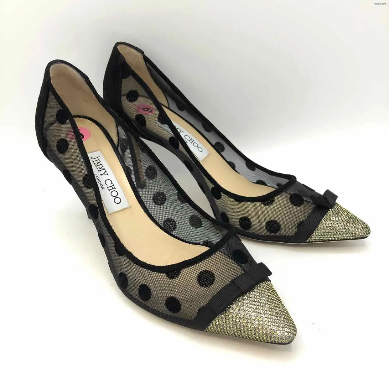 JIMMY CHOO Black Gold Italian Made Dot 3.5 Chunky Heel Shoes