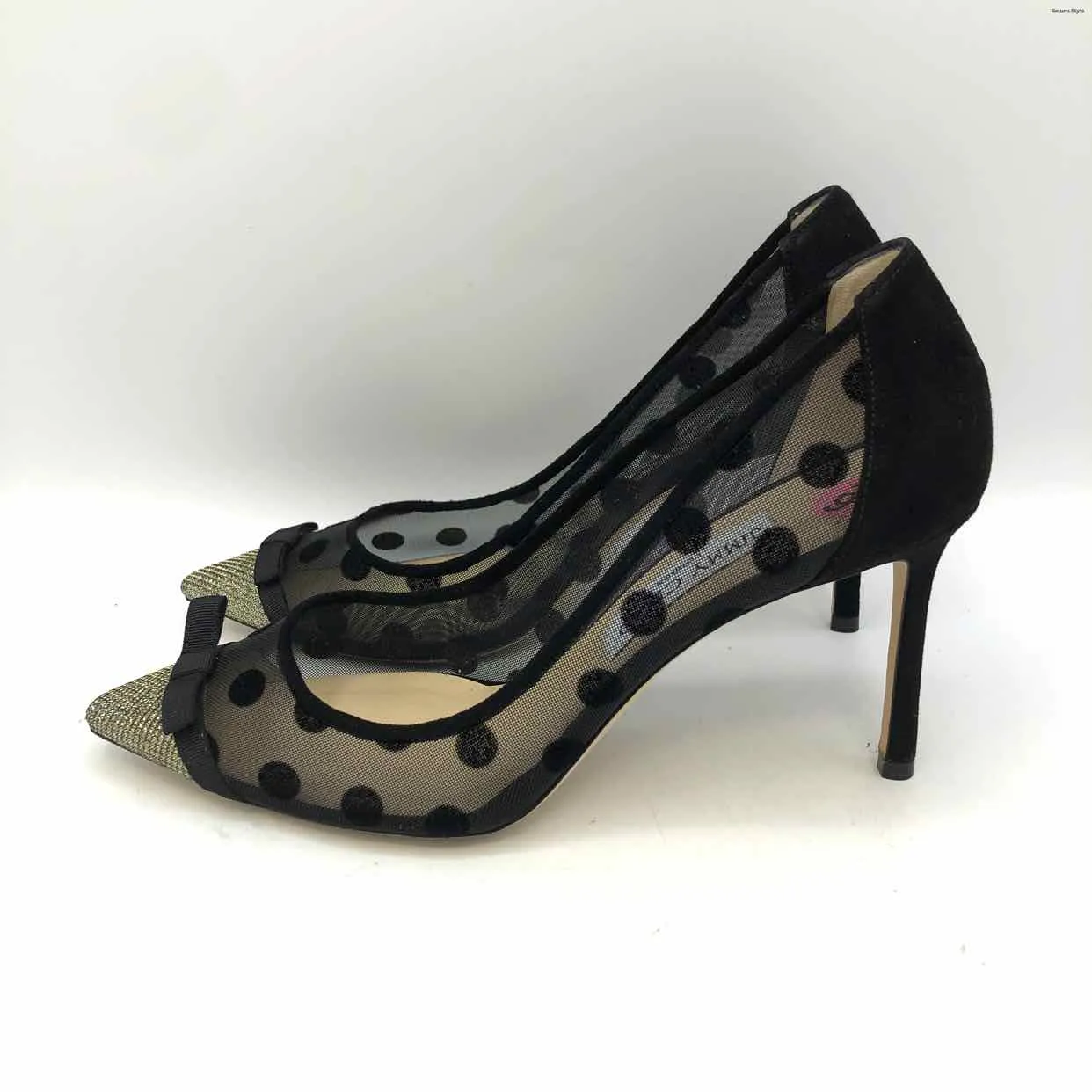 JIMMY CHOO Black Gold Italian Made Dot 3.5 Chunky Heel Shoes