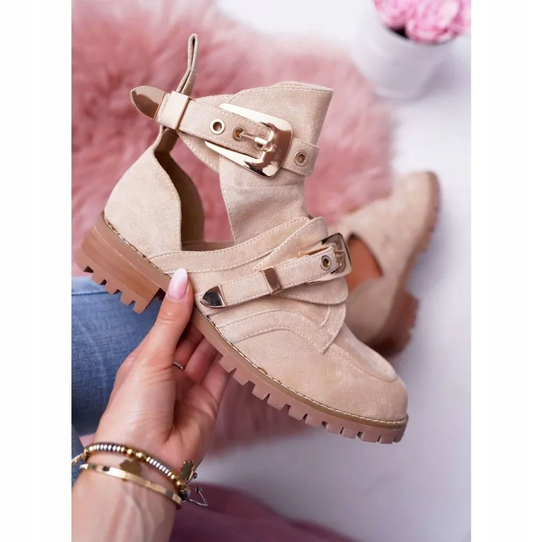 Lu Boo Beige Suede Cut Out Ankle Boots Rock Girl