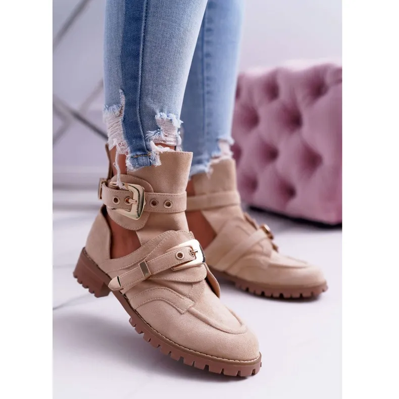 Lu Boo Beige Suede Cut Out Ankle Boots Rock Girl