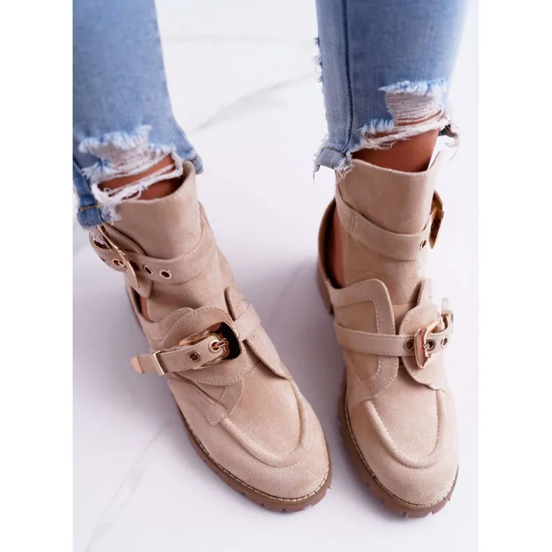 Lu Boo Beige Suede Cut Out Ankle Boots Rock Girl