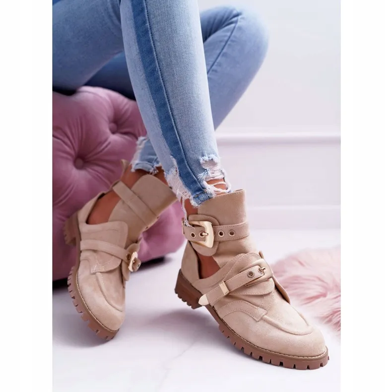 Lu Boo Beige Suede Cut Out Ankle Boots Rock Girl