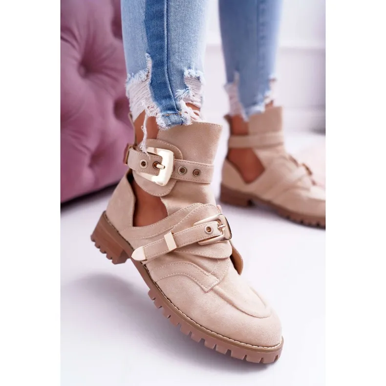 Lu Boo Beige Suede Cut Out Ankle Boots Rock Girl