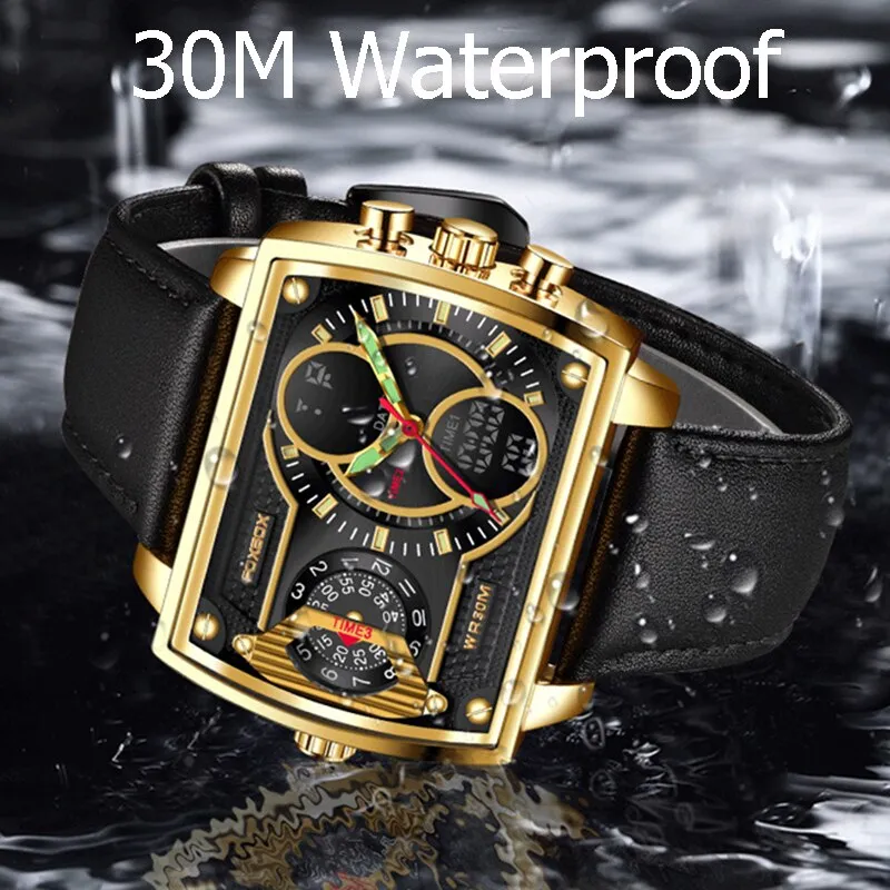 Men's Fashion Square Shape Dual Digital Display Waterproof Watch