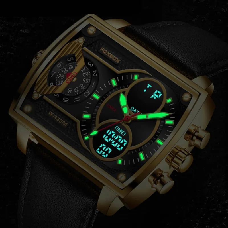 Men's Fashion Square Shape Dual Digital Display Waterproof Watch