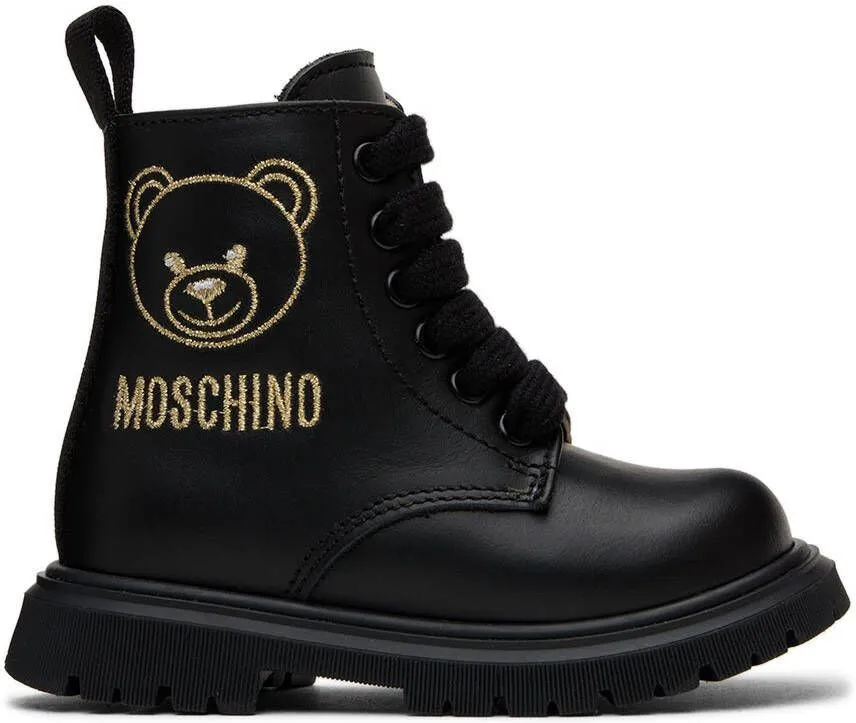 Moschino Baby Black Teddy Embroidery Combat Boots