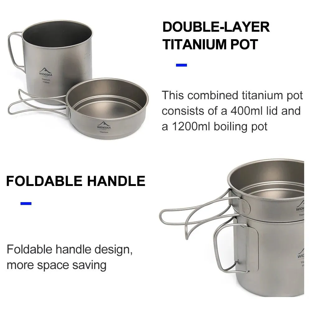 Popote de camping en titane : pot + poêle 1100M avec poignées pliante Widesea – Titanium Pot