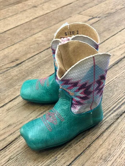 Roper Infant Cowbabies Turquoise & Aztec Square Toe Baby Boots 7907-1382