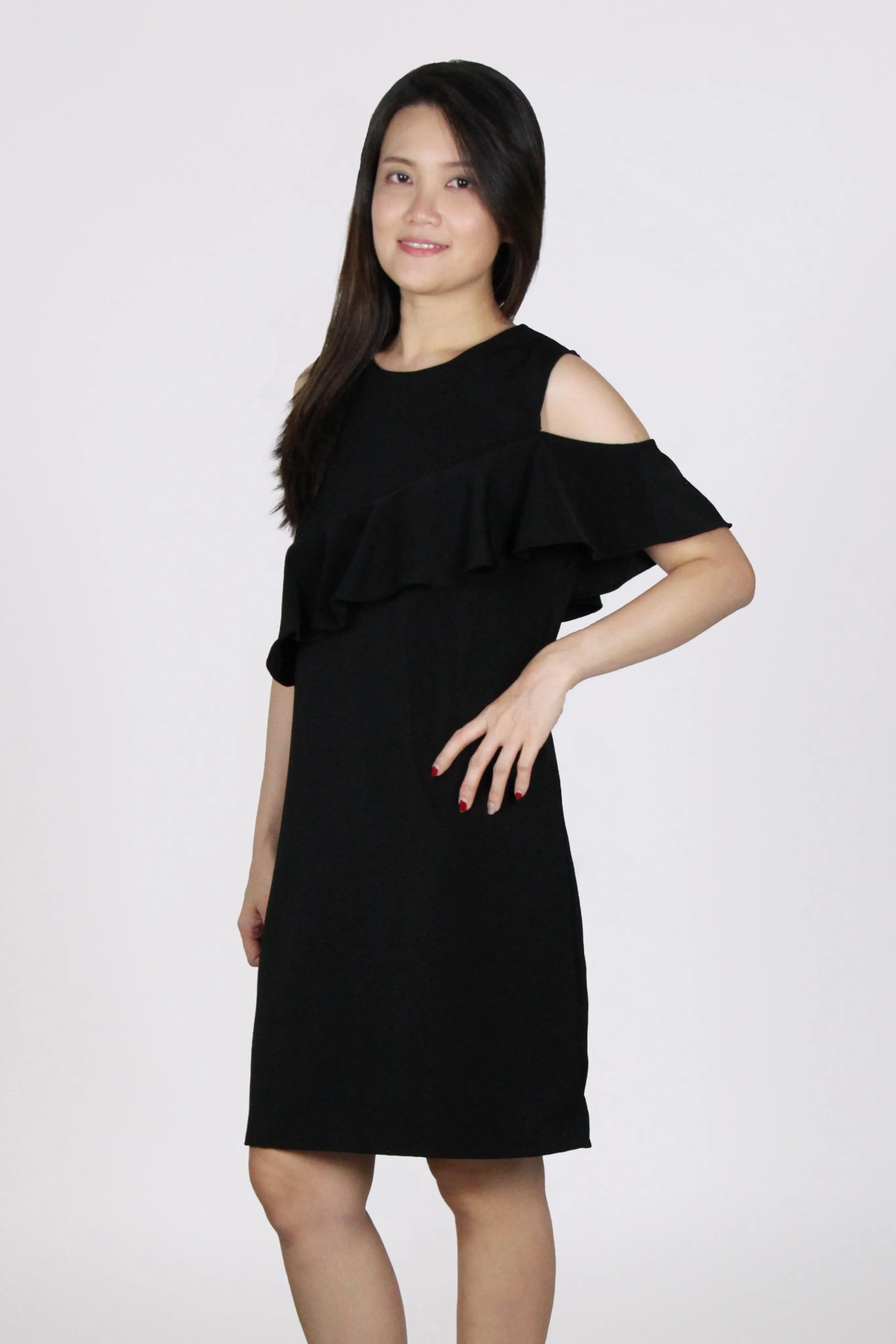 Single Cold Shoulder Ruffles Shift Dress in Black