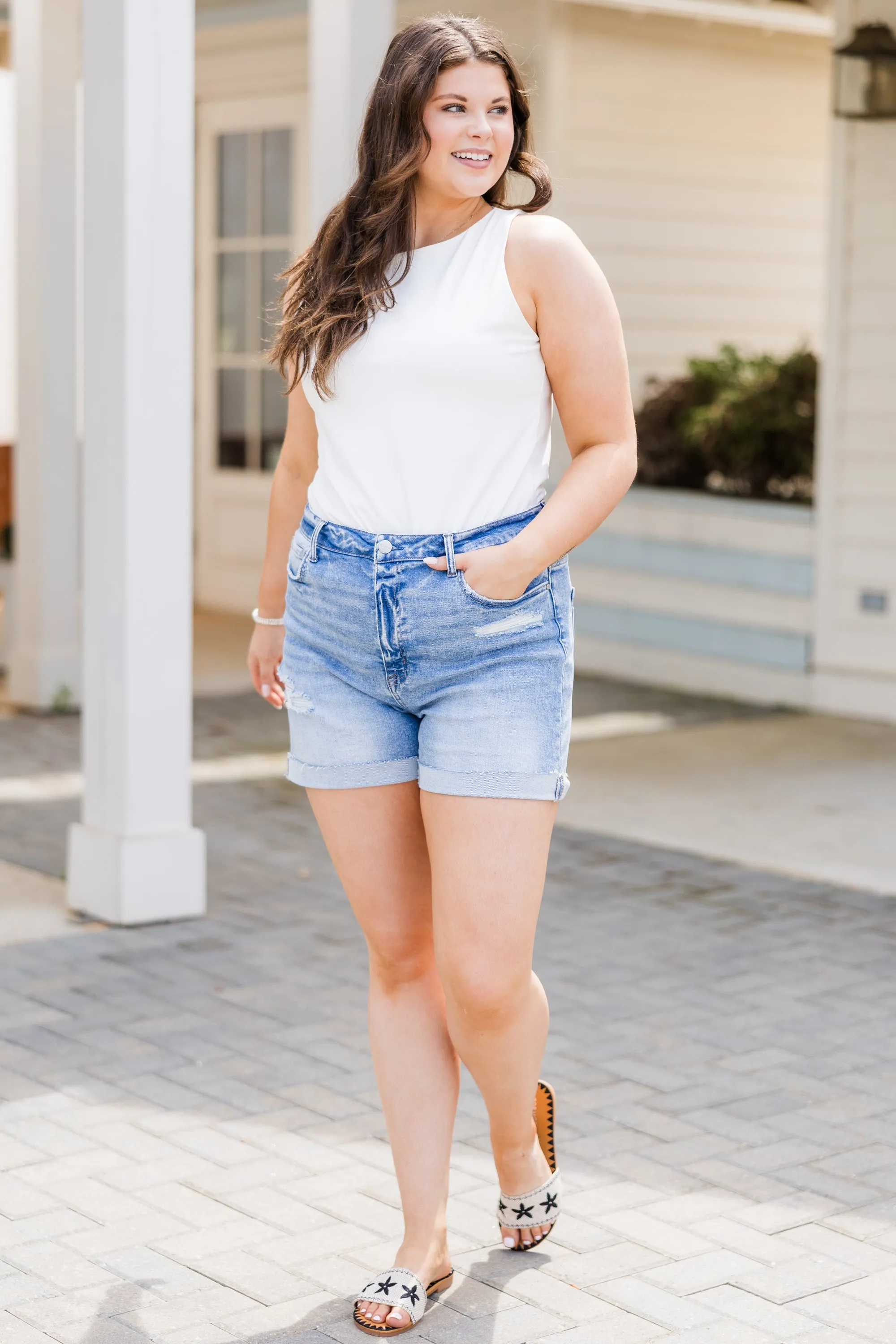 Sunset Nights Denim Shorts, Light Wash