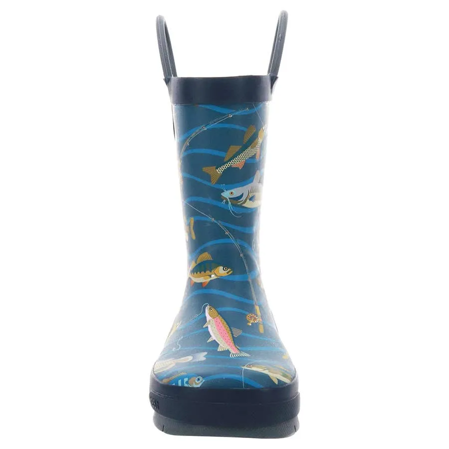 Western Chief Boy's Gone Fish'n Print Rubber Rain Boots - Navy