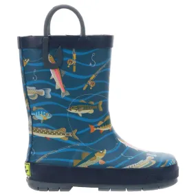 Western Chief Boy's Gone Fish'n Print Rubber Rain Boots - Navy