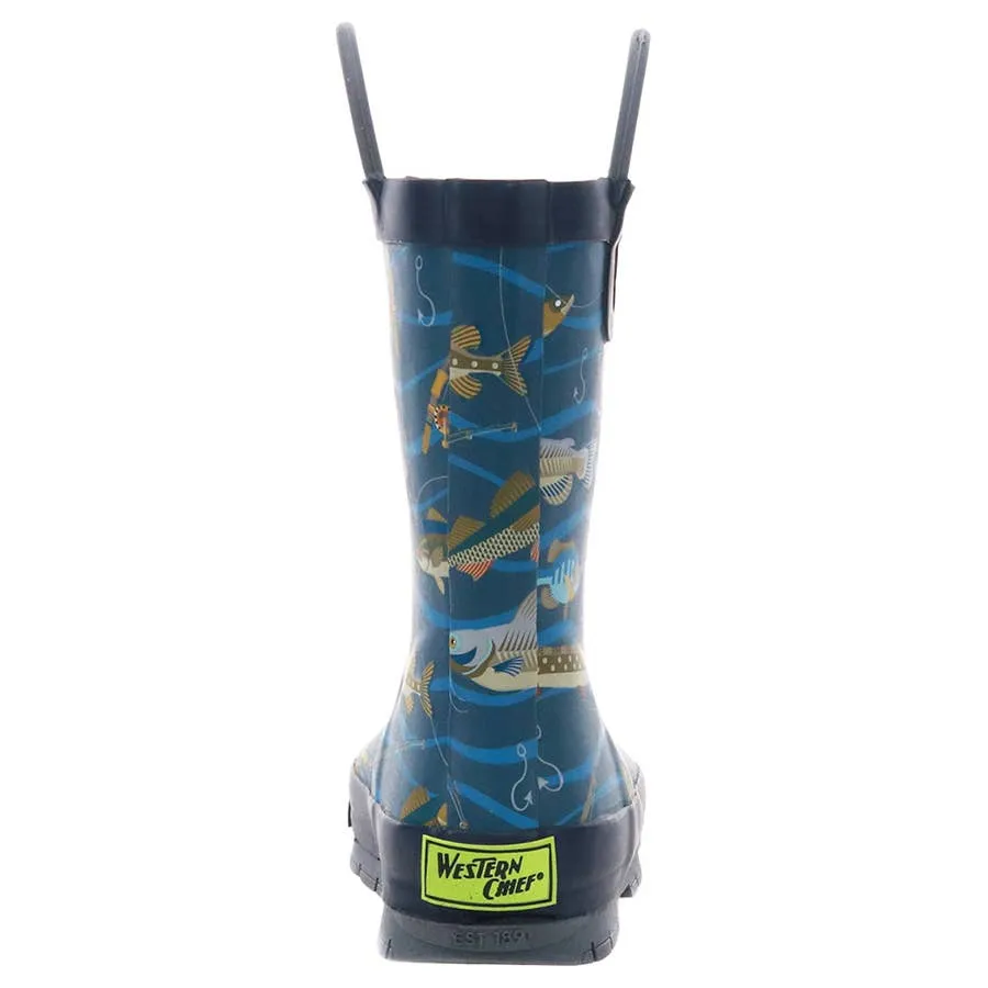 Western Chief Boy's Gone Fish'n Print Rubber Rain Boots - Navy