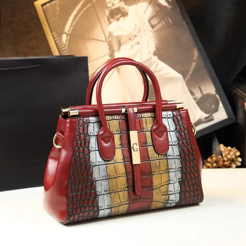 Women's Genuine Leather Crocodile Pattern Portable Shoulder Handbag