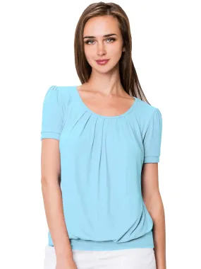 Women's Scoop Neck Short Sleeve Front Pleated Blouse