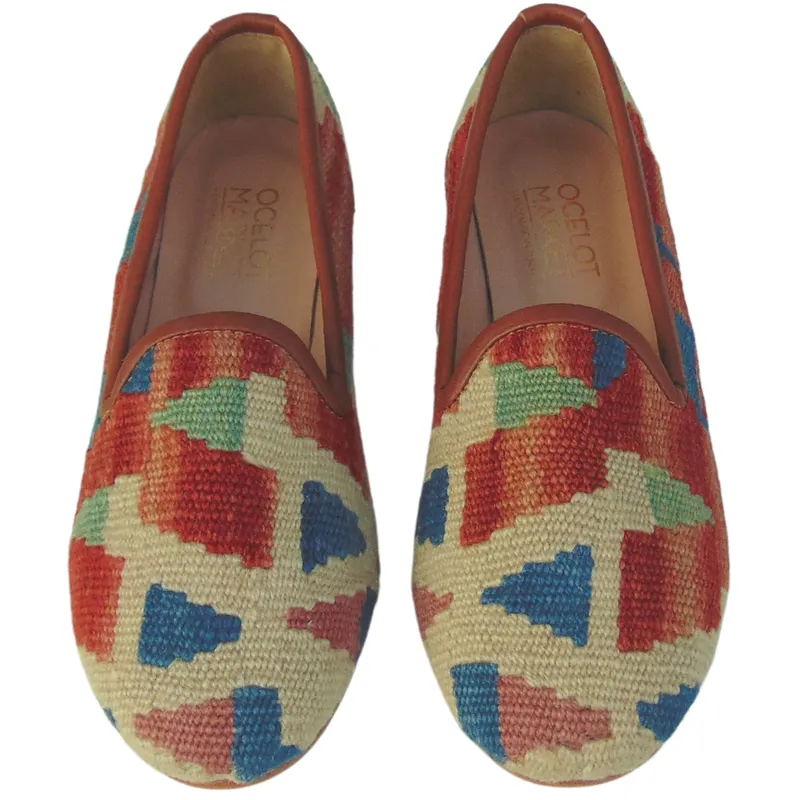 Women's Turkish Kilim Loafer Red & Blue with Cream Pattern