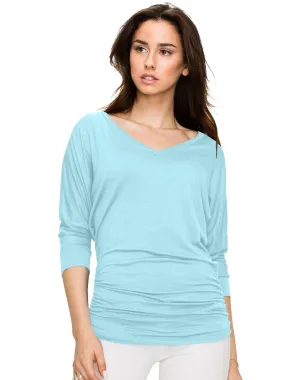 Women's V Neck 3/4 Sleeve Drape Dolman Shirt Top with Side Shirring