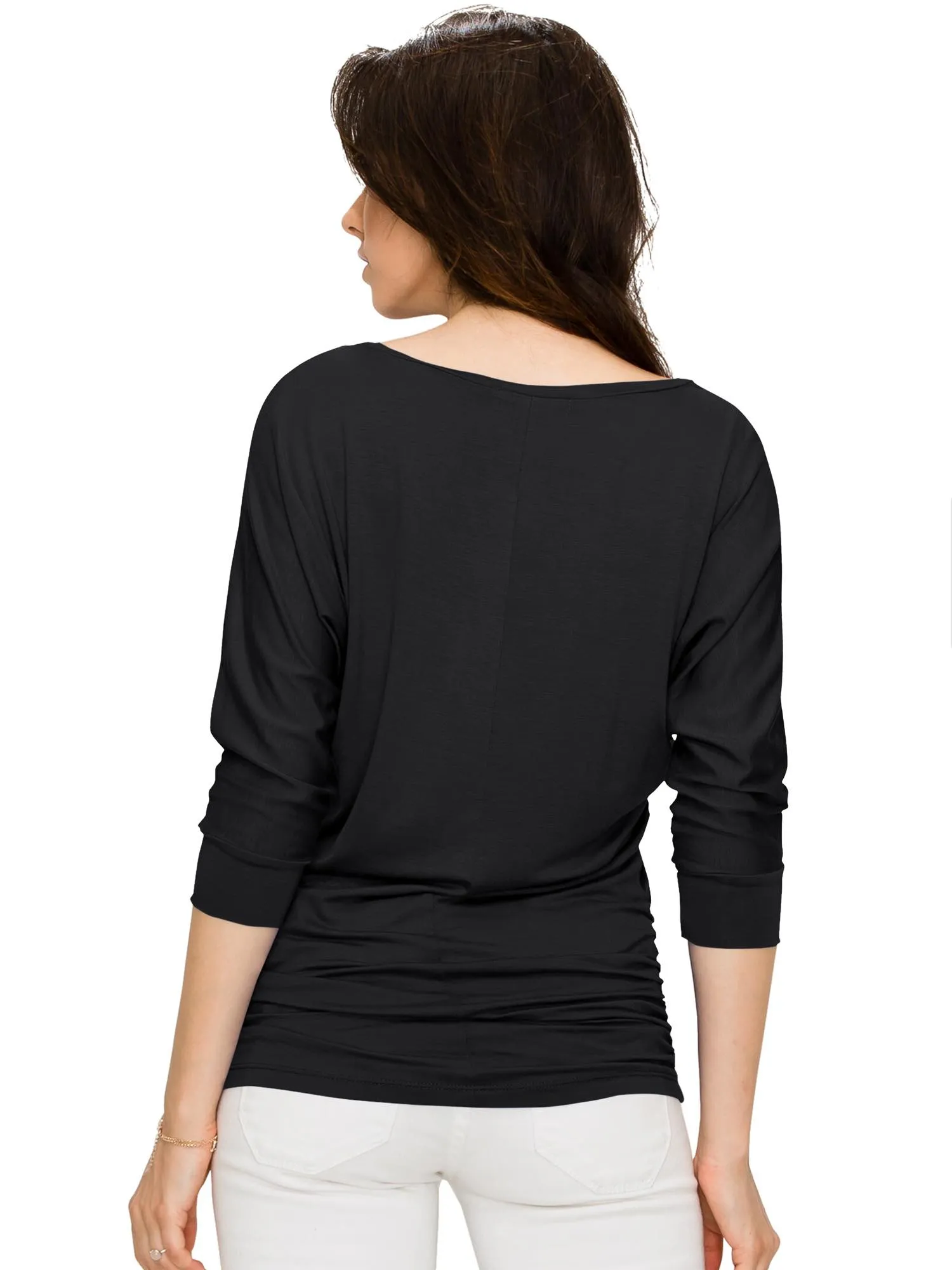 Women's V Neck 3/4 Sleeve Drape Dolman Shirt Top with Side Shirring