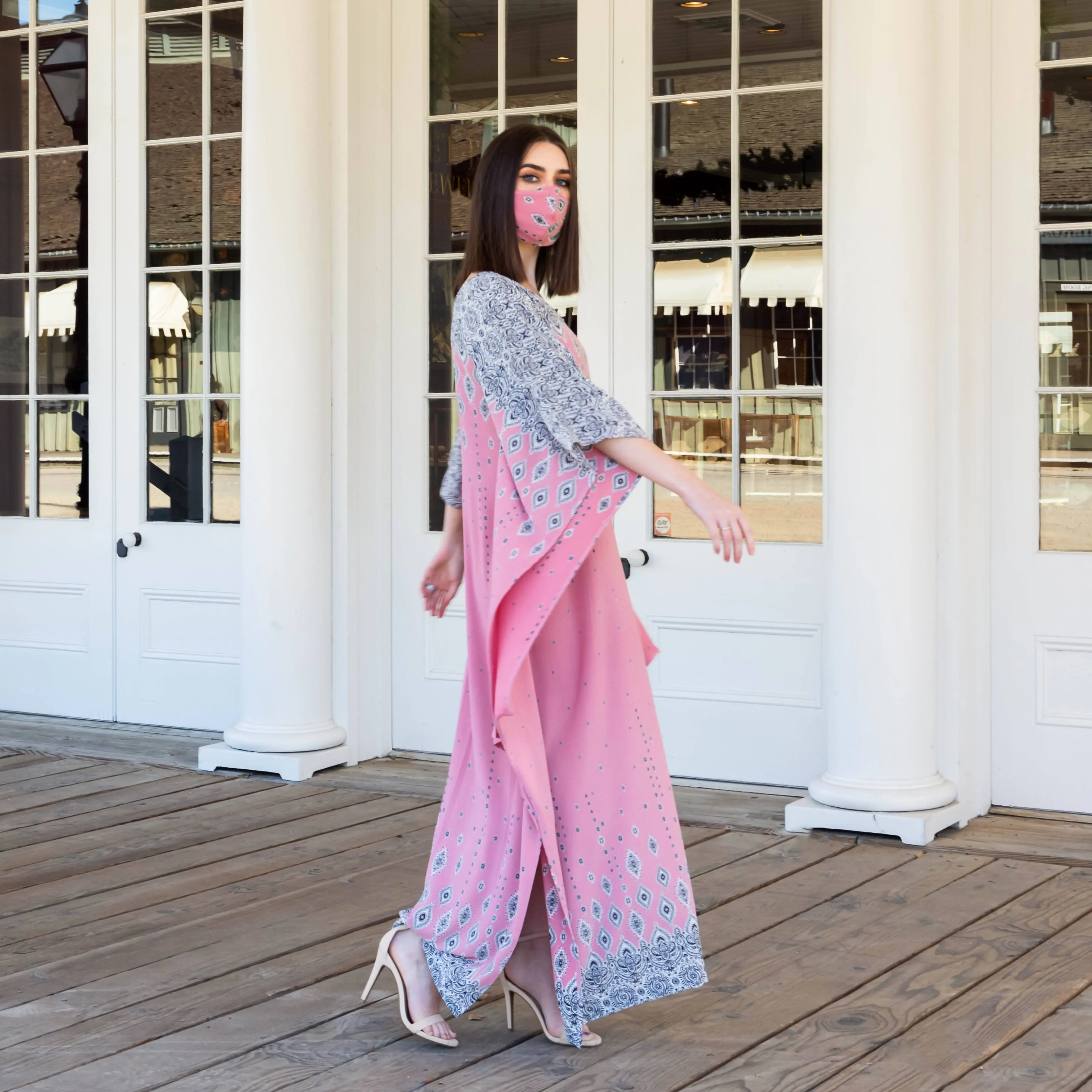 Yennie Zhou Designs - Royal Modern Elegant Rose Pink Maxi Kaftan Dress w/ Matching Mask