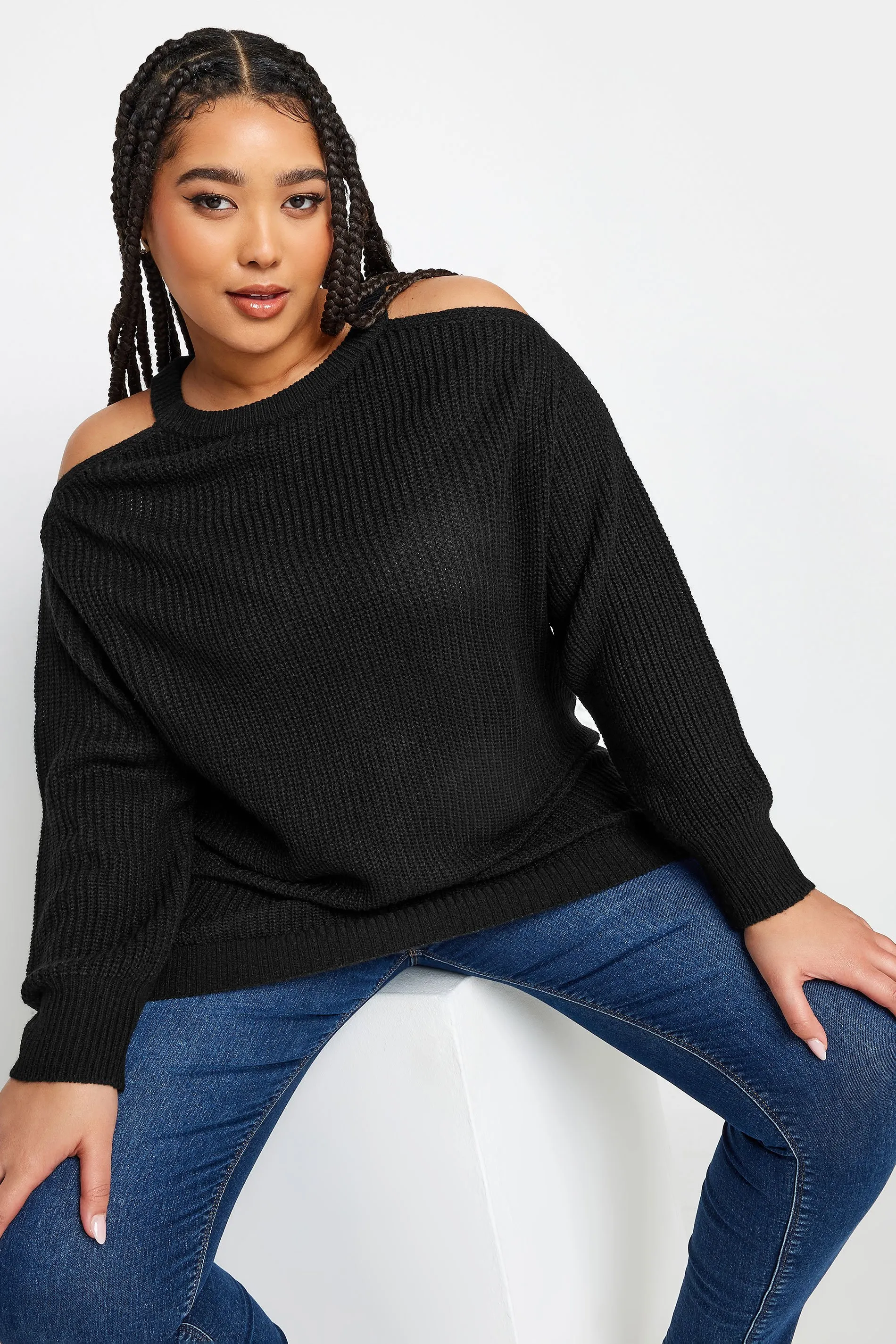 YOURS Curve Black Cold Shoulder Knitted Jumper