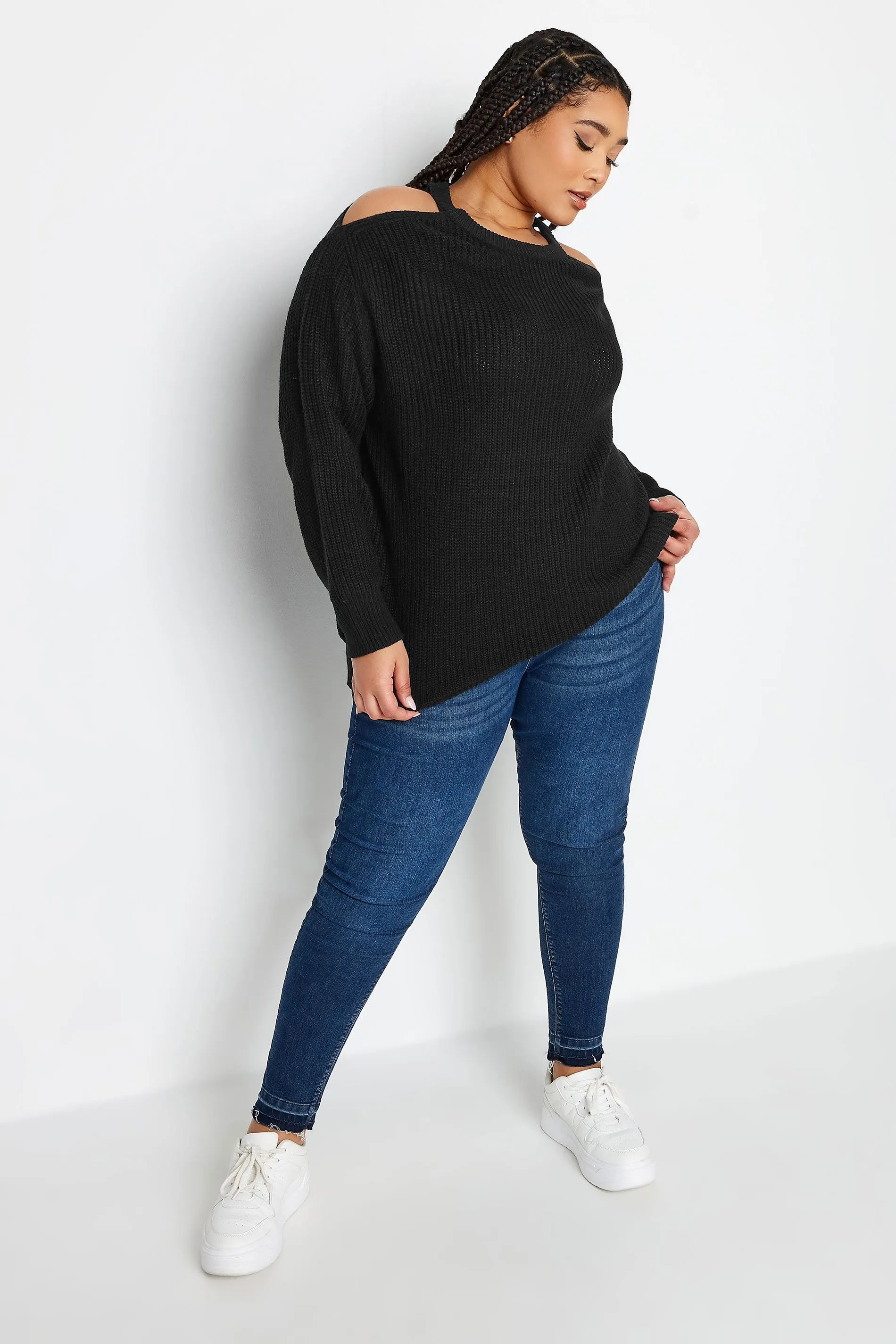 YOURS Curve Black Cold Shoulder Knitted Jumper