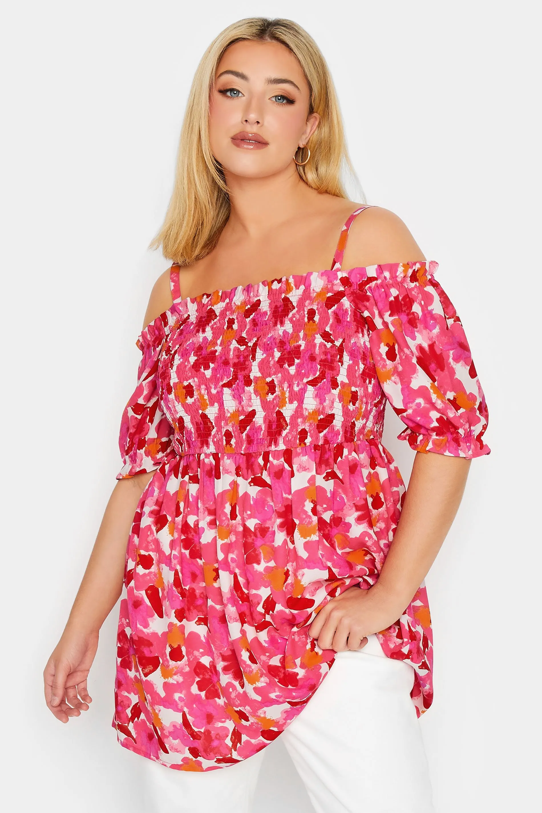 YOURS Curve Pink Floral Frill Cold Shoulder Top