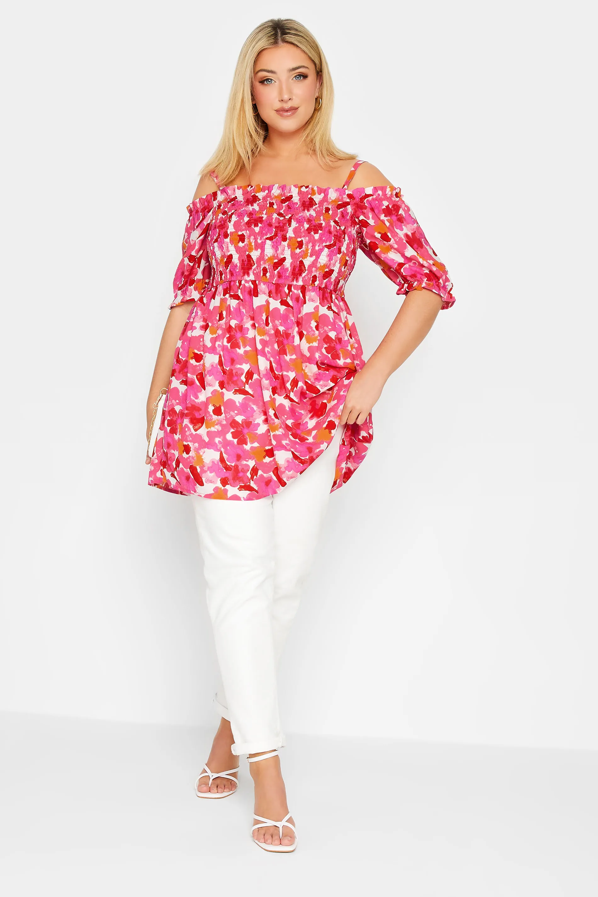 YOURS Curve Pink Floral Frill Cold Shoulder Top