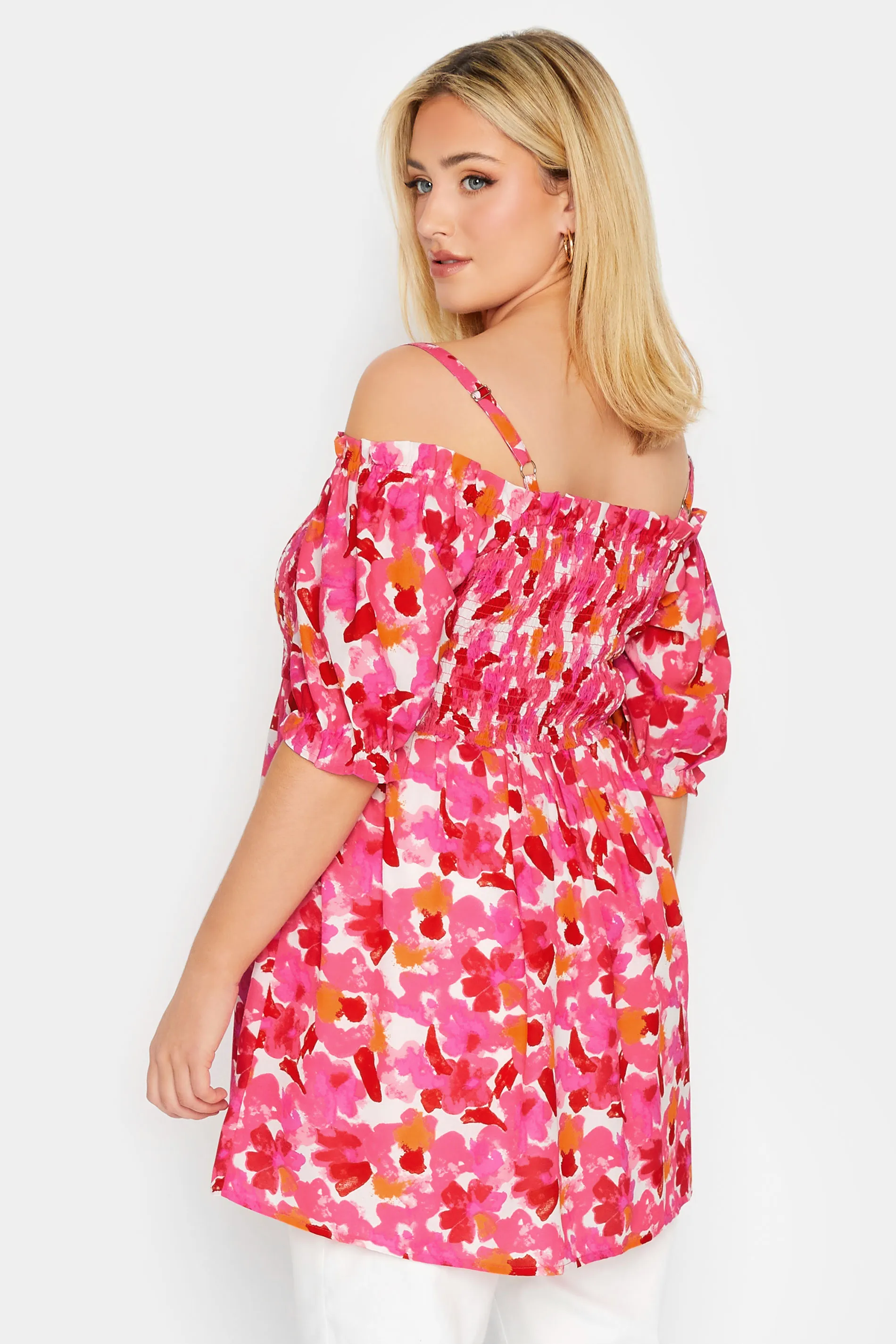 YOURS Curve Pink Floral Frill Cold Shoulder Top