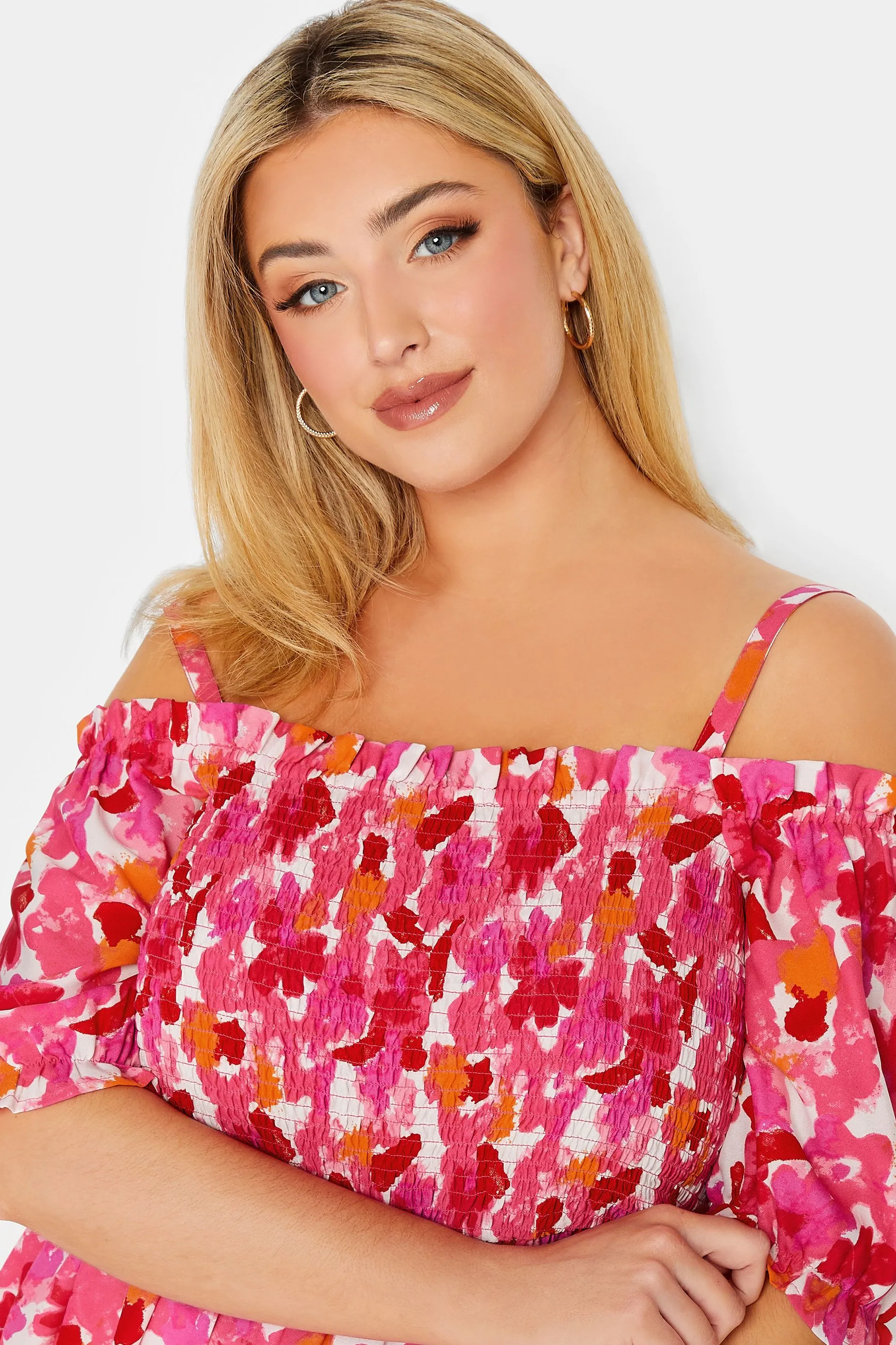 YOURS Curve Pink Floral Frill Cold Shoulder Top