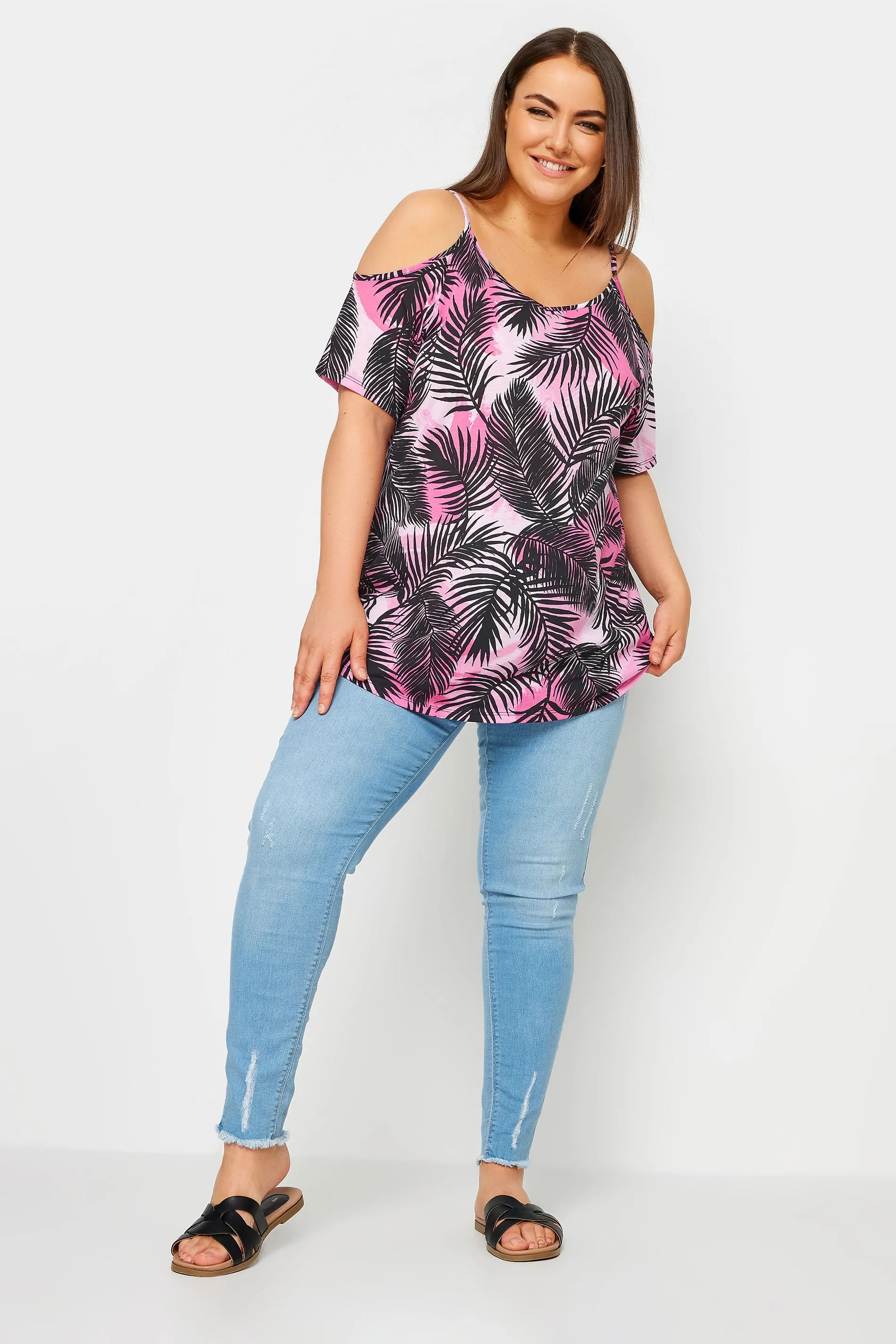 YOURS Curve Pink Tropical Print Cold Shoulder Top