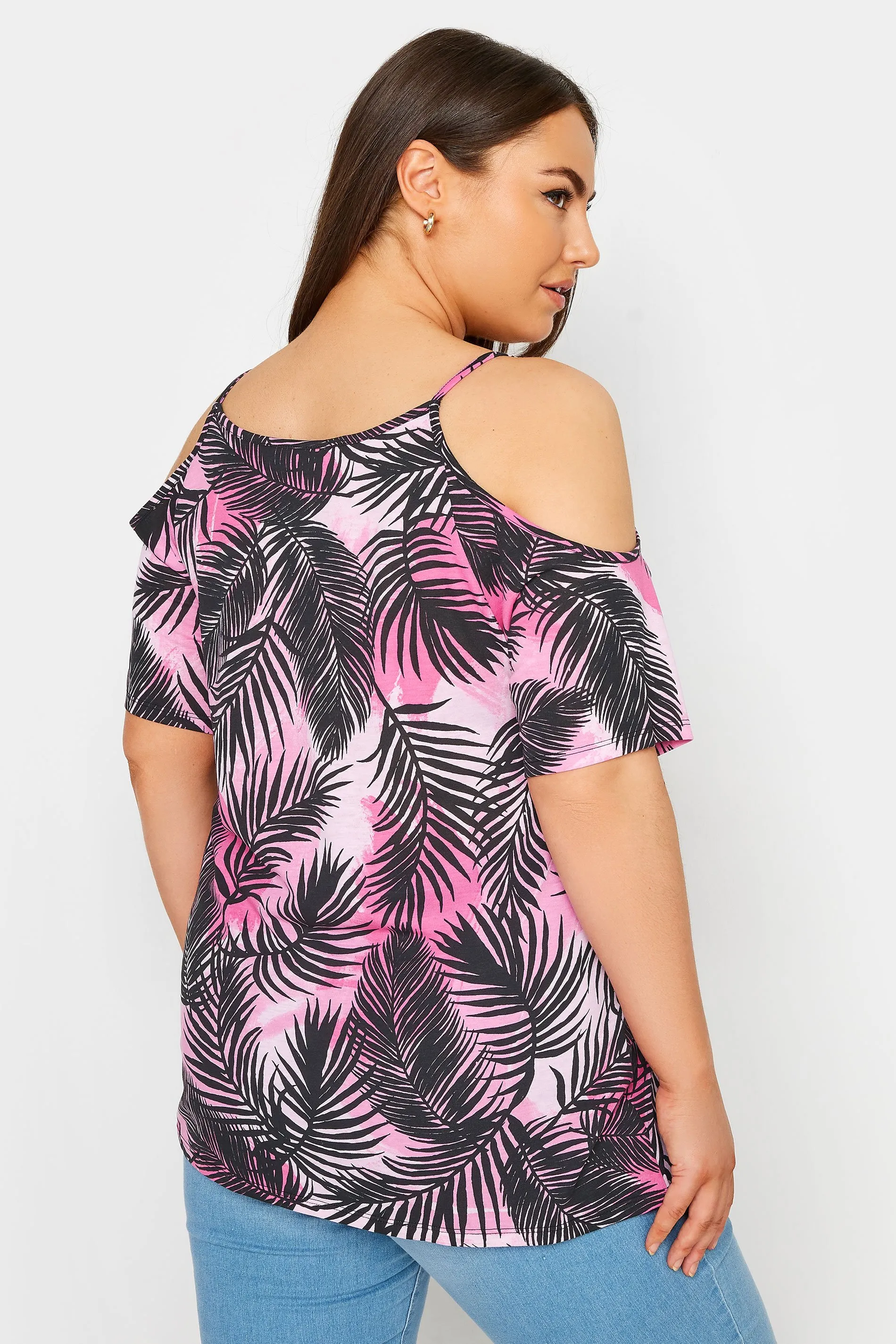 YOURS Curve Pink Tropical Print Cold Shoulder Top